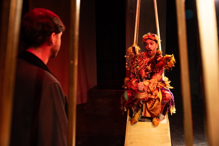 Papageno in feathered costume on a swing